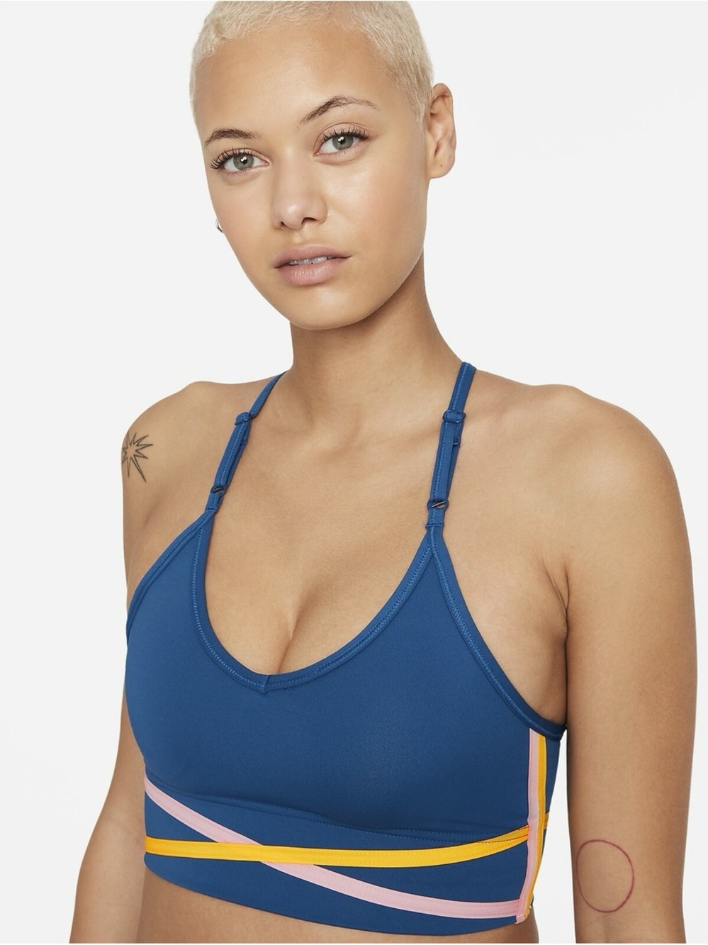 Nike Blue Strappy Sports Bra with Pink and Yellow Accents